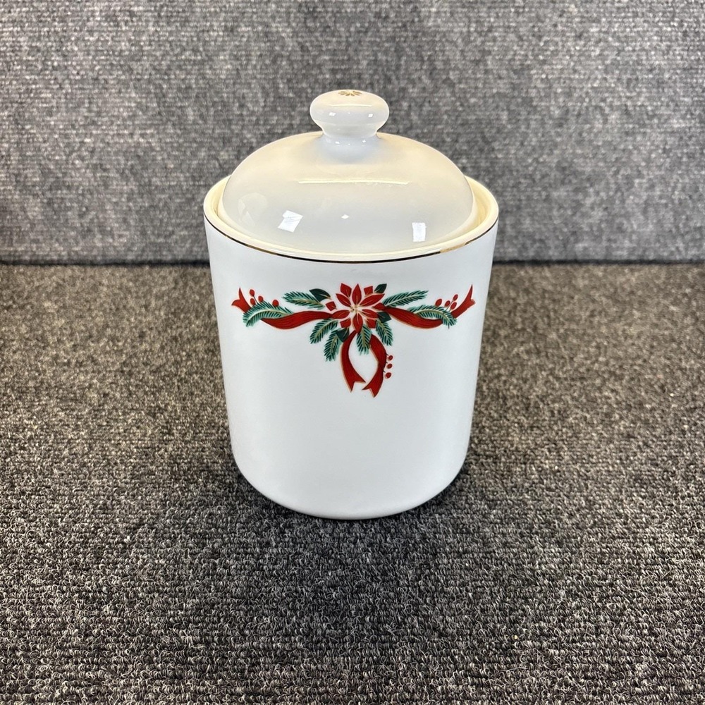 Vtg~Poinsettia & Ribbons~Christmas Canister/Cookie Jar~7"
